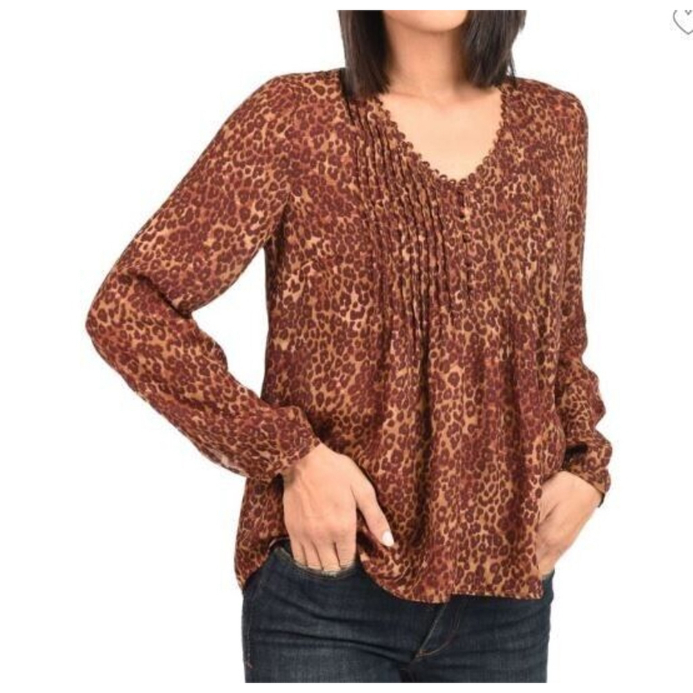 Daniel Rainn Women's Brown Leopard Print V-neck Long Sleeve Blouse Size Small